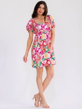 GeeGee Women’s Short Sleeve Floral Square Neck Smock Mini Dress New Boutique